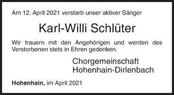 Traueranzeige von Karl-Willi Schlüter von Siegener Zeitung