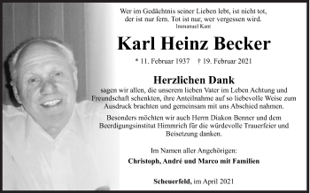 Traueranzeige von Karl Heinz Becker von Siegener Zeitung