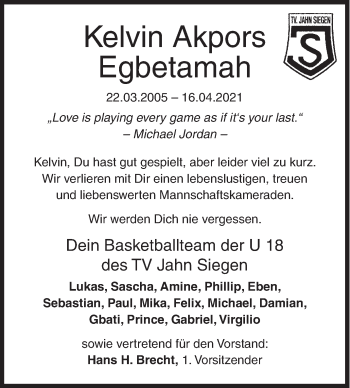 Traueranzeige von Kelvin Akpors Egbetamah von Siegener Zeitung