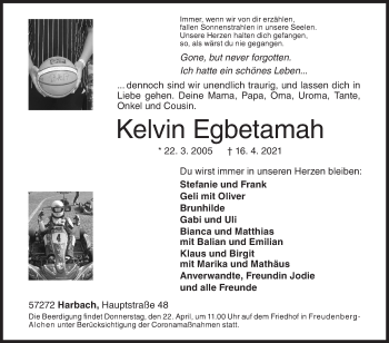 Traueranzeige von Kelvin Egbetamah von Siegener Zeitung