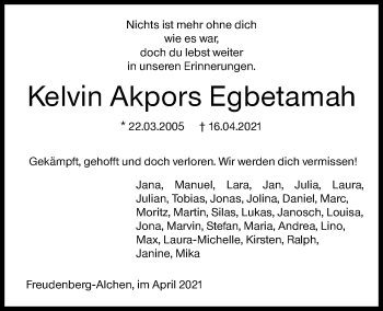 Traueranzeige von Kelvin Akpors Egbetamah von Siegener Zeitung