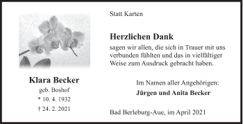 Traueranzeige von Klara Becker von Siegener Zeitung