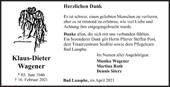 Traueranzeige von Klaus-Dieter Wagener von Siegener Zeitung