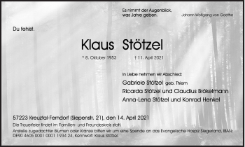 Traueranzeige von Klaus Stötzel von Siegener Zeitung