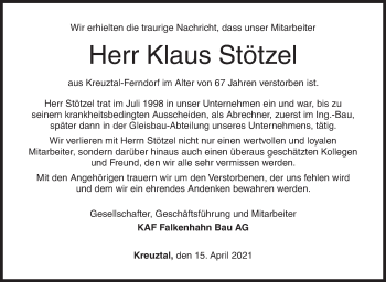 Traueranzeige von Klaus Stötzel von Siegener Zeitung