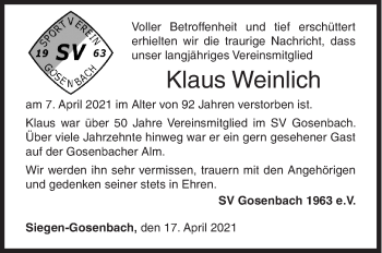 Traueranzeige von Klaus Weinlich von Siegener Zeitung