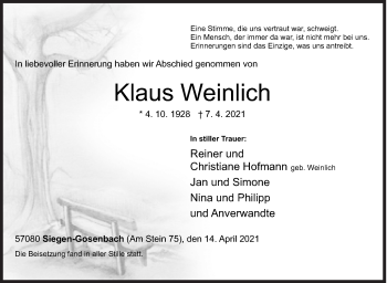Traueranzeige von Klaus Weinlich von Siegener Zeitung