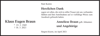 Traueranzeige von Klaus Eugen Braun von Siegener Zeitung