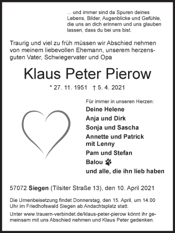 Traueranzeige von Klaus Peter Pierow von Siegener Zeitung