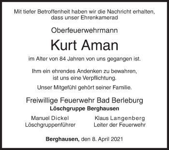 Traueranzeige von Kurt Aman von Siegener Zeitung