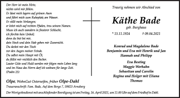 Traueranzeige von Käthe Bade von Siegener Zeitung