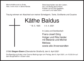 Traueranzeige von Käthe Baldus von Siegener Zeitung