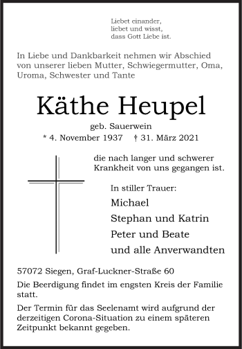Traueranzeige von Käthe Heupel von Siegener Zeitung