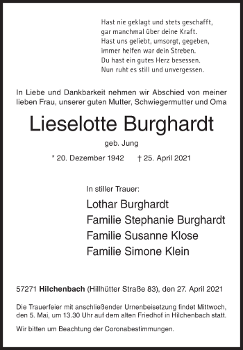 Traueranzeige von Lieselotte Burghardt von Siegener Zeitung