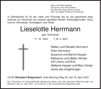Traueranzeige von Lieselotte Herrmann von Siegener Zeitung