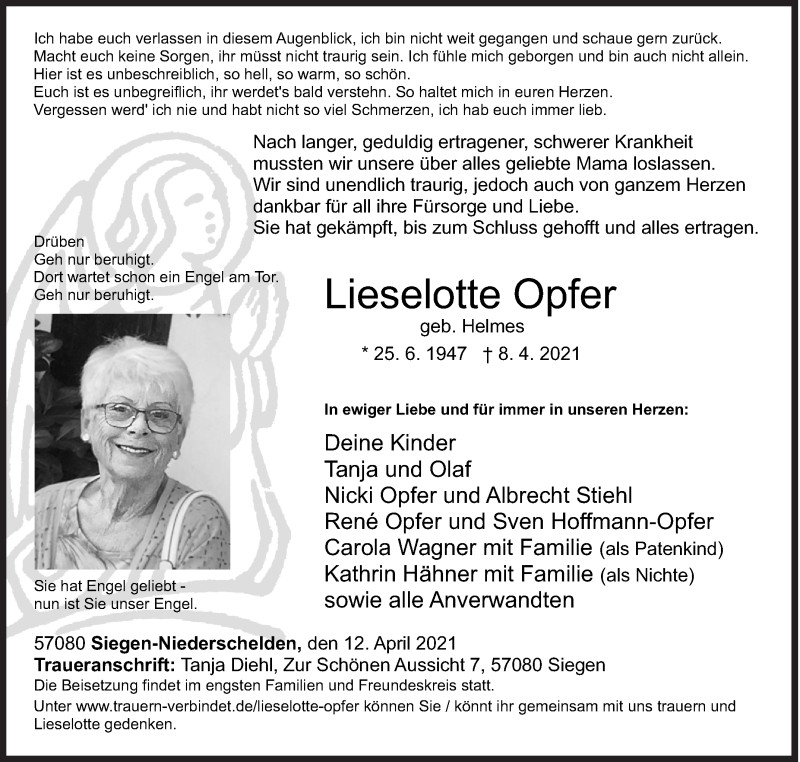  Traueranzeige für Lieselotte Opfer vom 12.04.2021 aus Siegener Zeitung