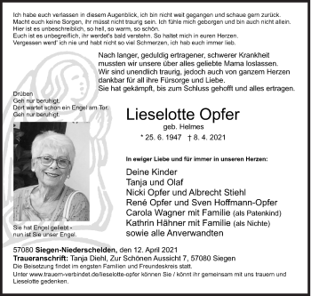 Traueranzeige von Lieselotte Opfer von Siegener Zeitung
