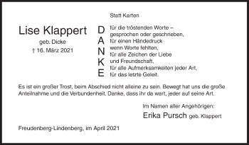 Traueranzeige von Lise Klappert von Siegener Zeitung