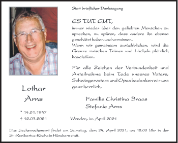 Traueranzeige von Lothar Arns von Siegener Zeitung
