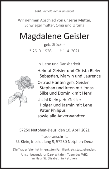 Traueranzeige von Magdalene Geisler von Siegener Zeitung