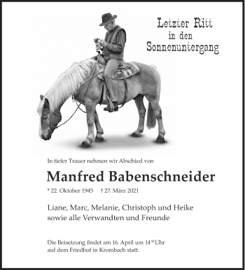 Traueranzeige von Manfred Babenschneider von Siegener Zeitung