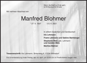 Traueranzeige von Manfred Blohmer von Siegener Zeitung