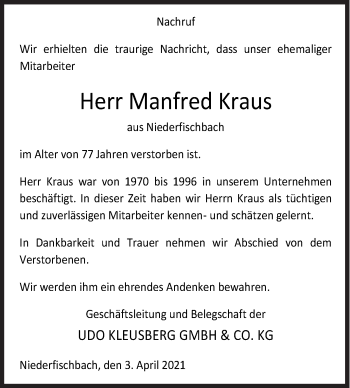 Traueranzeige von Manfred Kraus von Siegener Zeitung