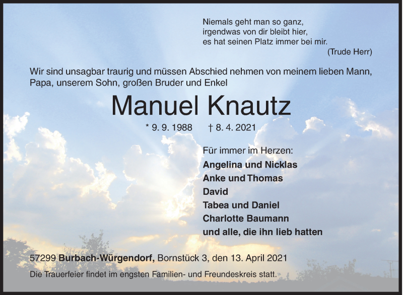  Traueranzeige für Manuel Knautz vom 13.04.2021 aus Siegener Zeitung