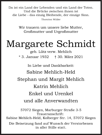 Traueranzeige von Margarete Schmidt von Siegener Zeitung