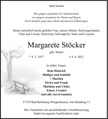 Traueranzeige von Margarete Stöcker von Siegener Zeitung