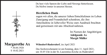 Traueranzeige von Margarethe Ax von Siegener Zeitung