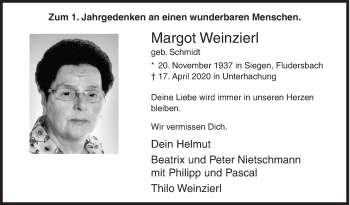 Traueranzeige von Margot Weinzierl von Siegener Zeitung