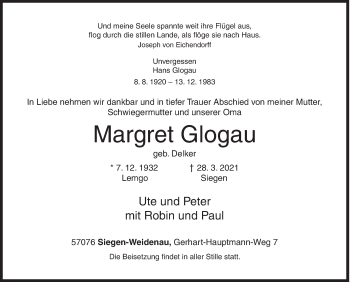 Traueranzeige von Margret Glogau von Siegener Zeitung