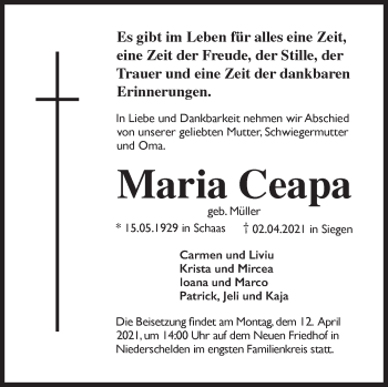 Traueranzeige von Maria Ceapa von Siegener Zeitung