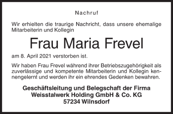 Traueranzeige von Maria Frevel von Siegener Zeitung