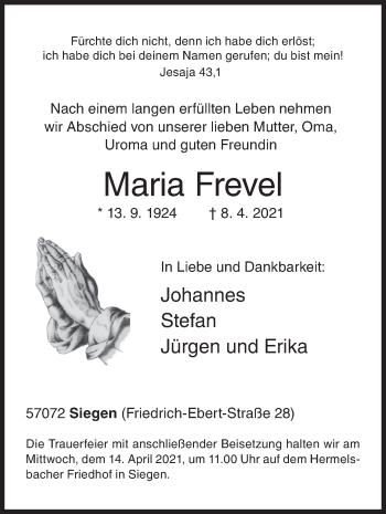 Traueranzeige von Maria Frevel von Siegener Zeitung