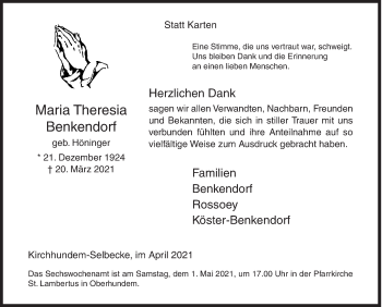 Traueranzeige von Maria Theresia Benkendorf von Siegener Zeitung