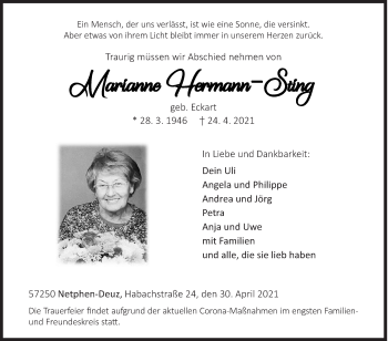 Traueranzeige von Marianne Hermann-Sting von Siegener Zeitung