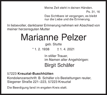 Traueranzeige von Marianne Pelzer von Siegener Zeitung