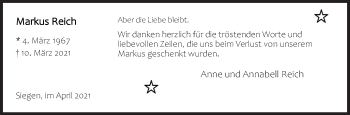 Traueranzeige von Markus Reich von Siegener Zeitung