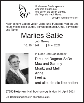 Traueranzeige von Marlies Saße von Siegener Zeitung