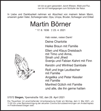 Traueranzeige von Martin Börner von Siegener Zeitung