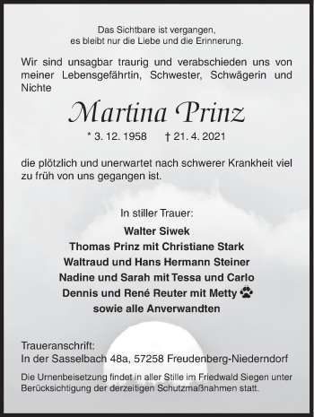 Traueranzeige von Martina Prinz von Siegener Zeitung