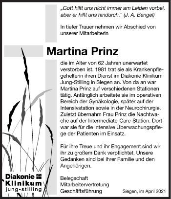 Traueranzeige von Martina Prinz von Siegener Zeitung