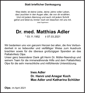 Traueranzeige von Matthias Adler von Siegener Zeitung