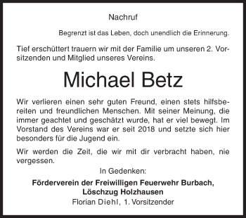 Traueranzeige von Michael Betz von Siegener Zeitung