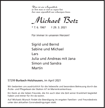 Traueranzeige von Michael Betz von Siegener Zeitung