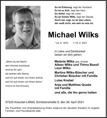 Traueranzeige von Michael Wilks von Siegener Zeitung