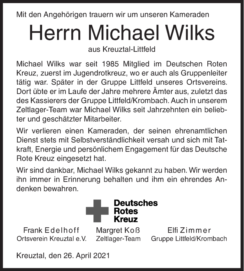  Traueranzeige für Michael Wilks vom 26.04.2021 aus Siegener Zeitung