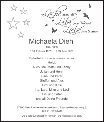 Traueranzeige von Michaela Diehl von Siegener Zeitung